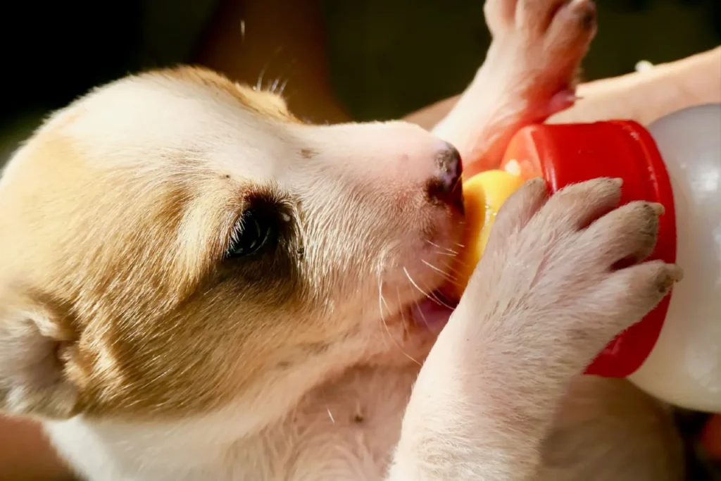 puppy drinking milk from a bottle